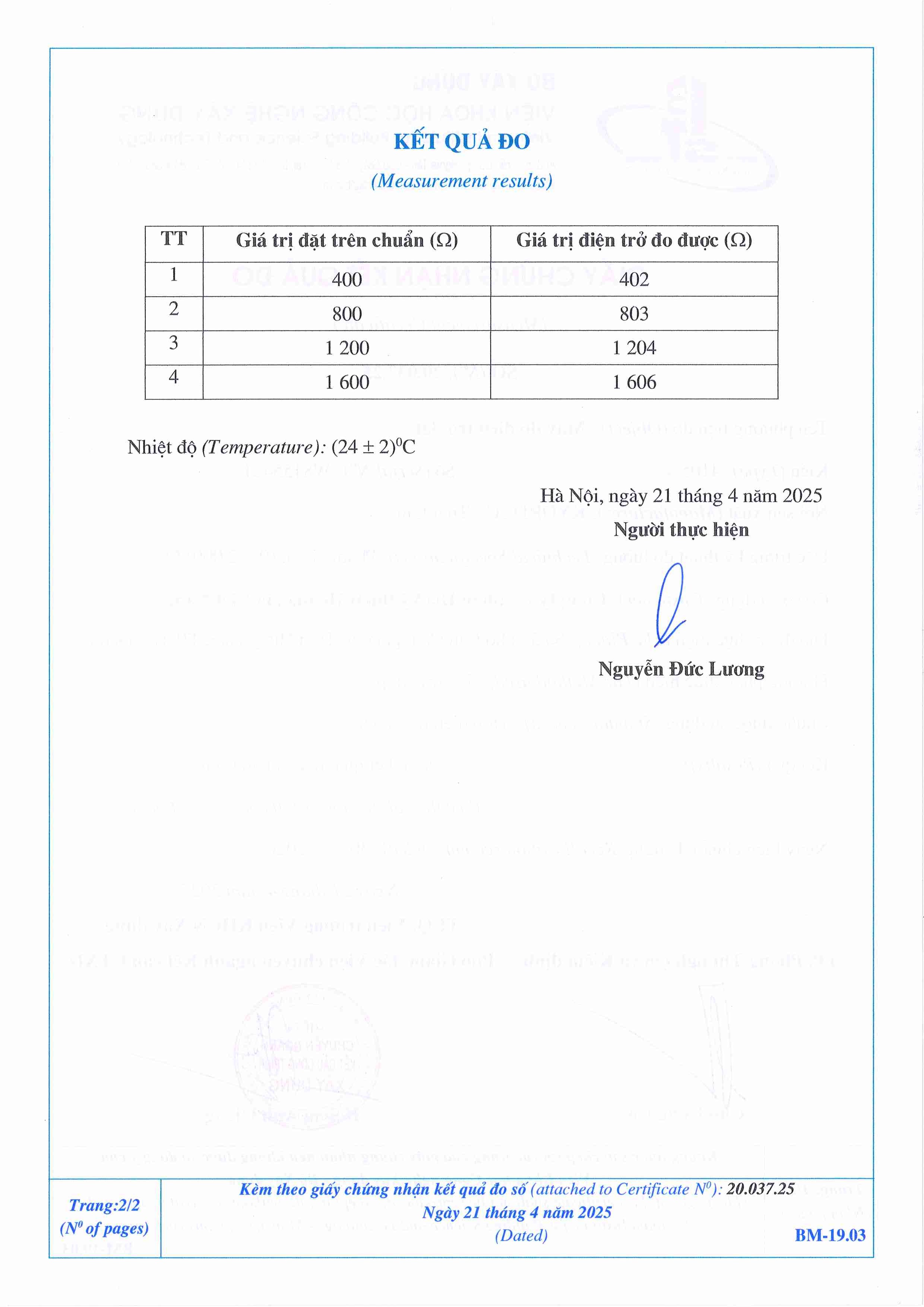 Trang 2 - Kết quả đo Máy đo điện trở đất
