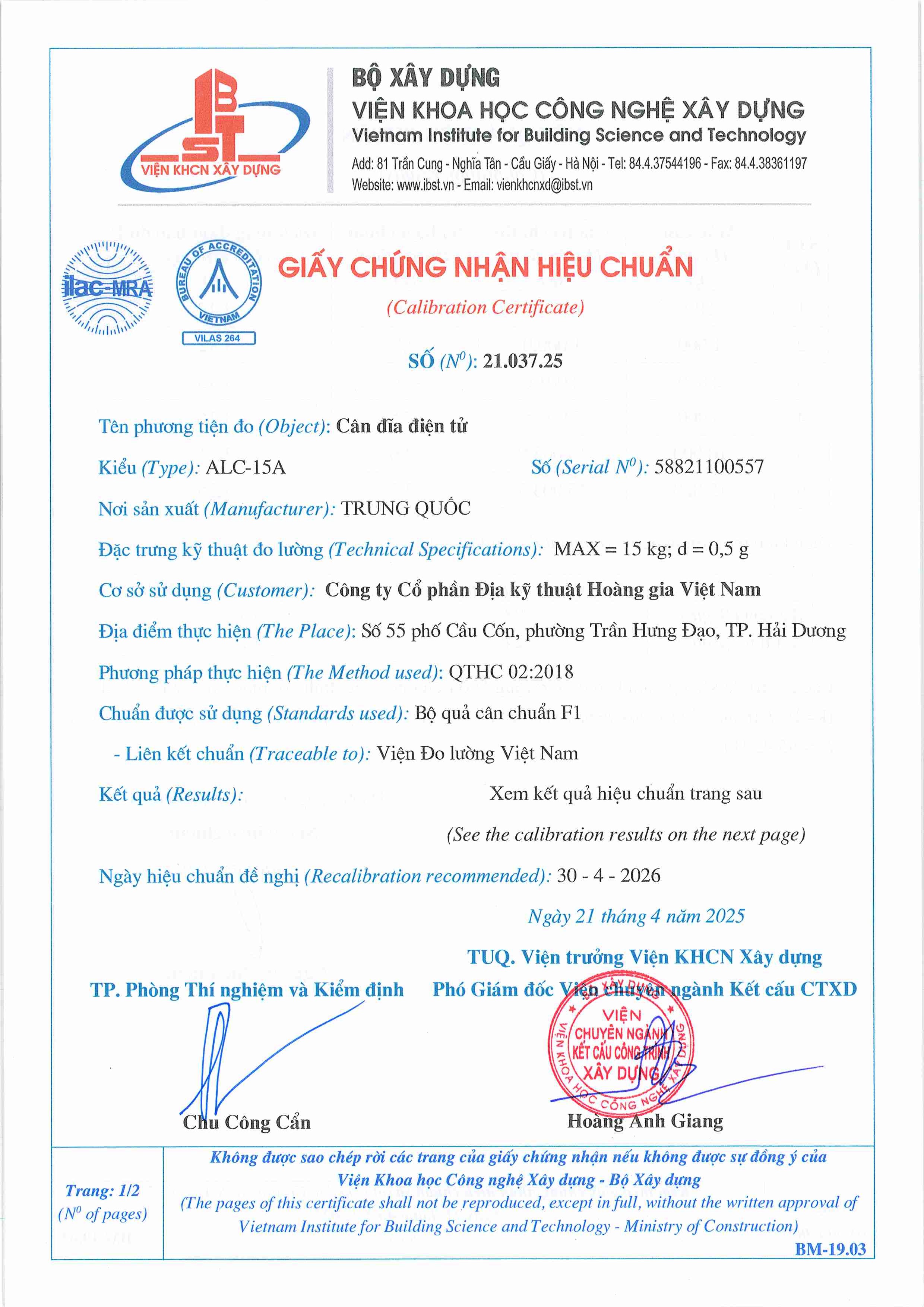 Trang 1 - Chứng nhận hiệu chuẩn Cân đĩa điện tử ALC-15A