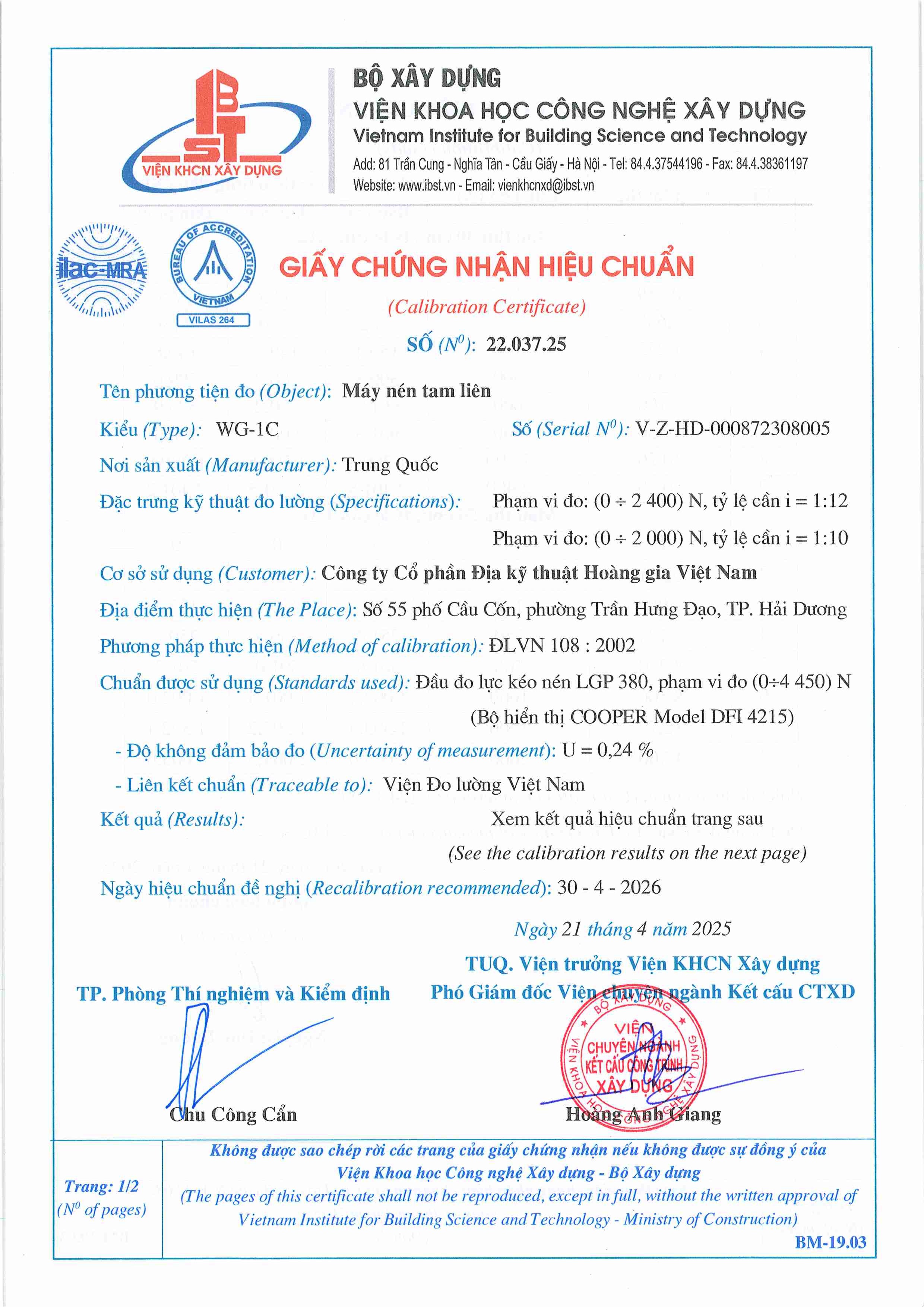 Trang 1 - Chứng nhận hiệu chuẩn Máy nén tam liên WG-1C