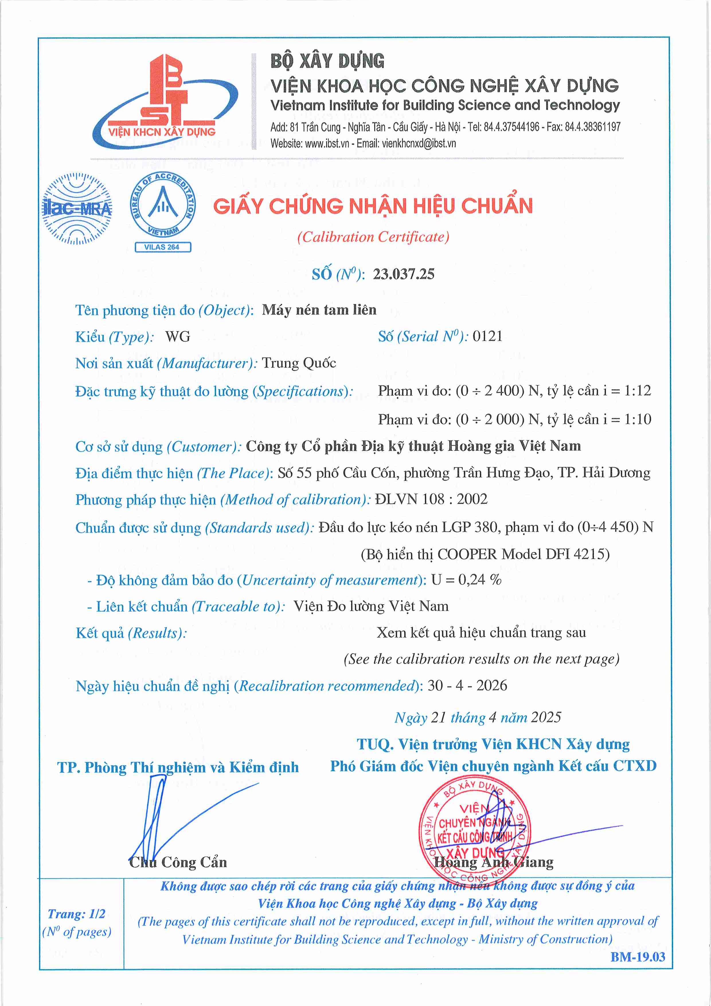 Trang 1 - Chứng nhận hiệu chuẩn Máy nén tam liên WG