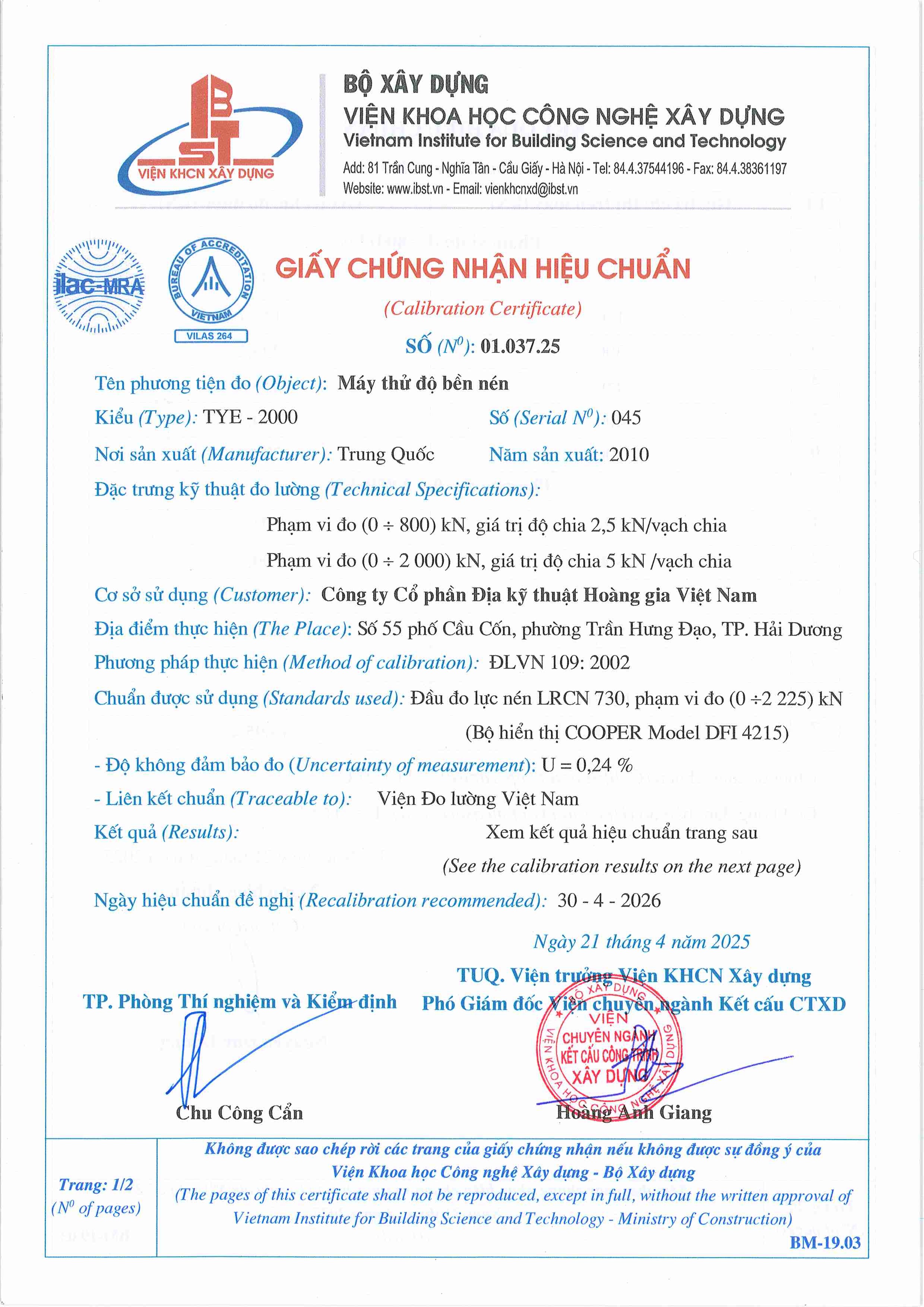 Trang 1 - Chứng nhận hiệu chuẩn Máy thử độ bền nén TYE-2000