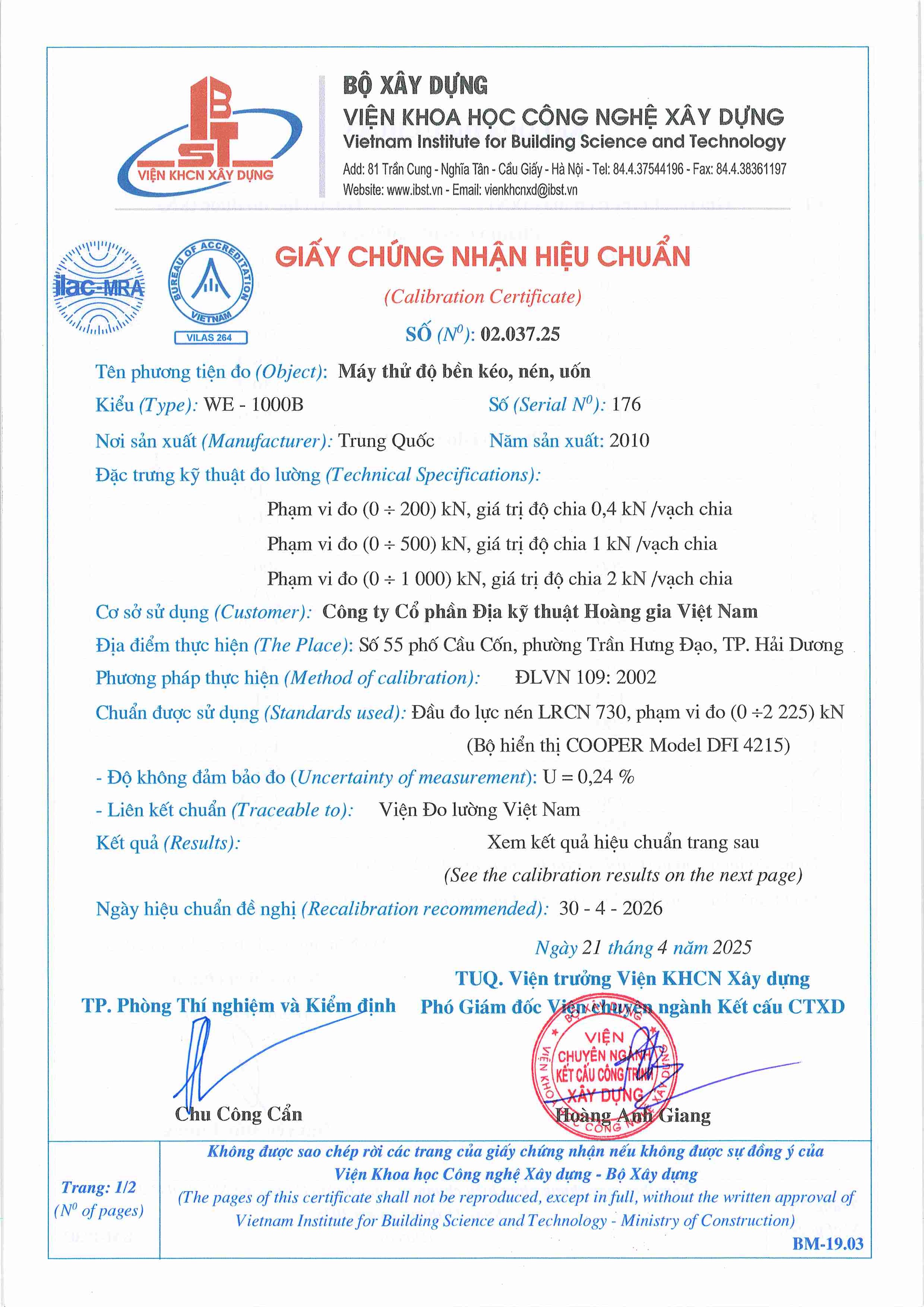 Trang 1 - Chứng nhận hiệu chuẩn Máy WE-1000B