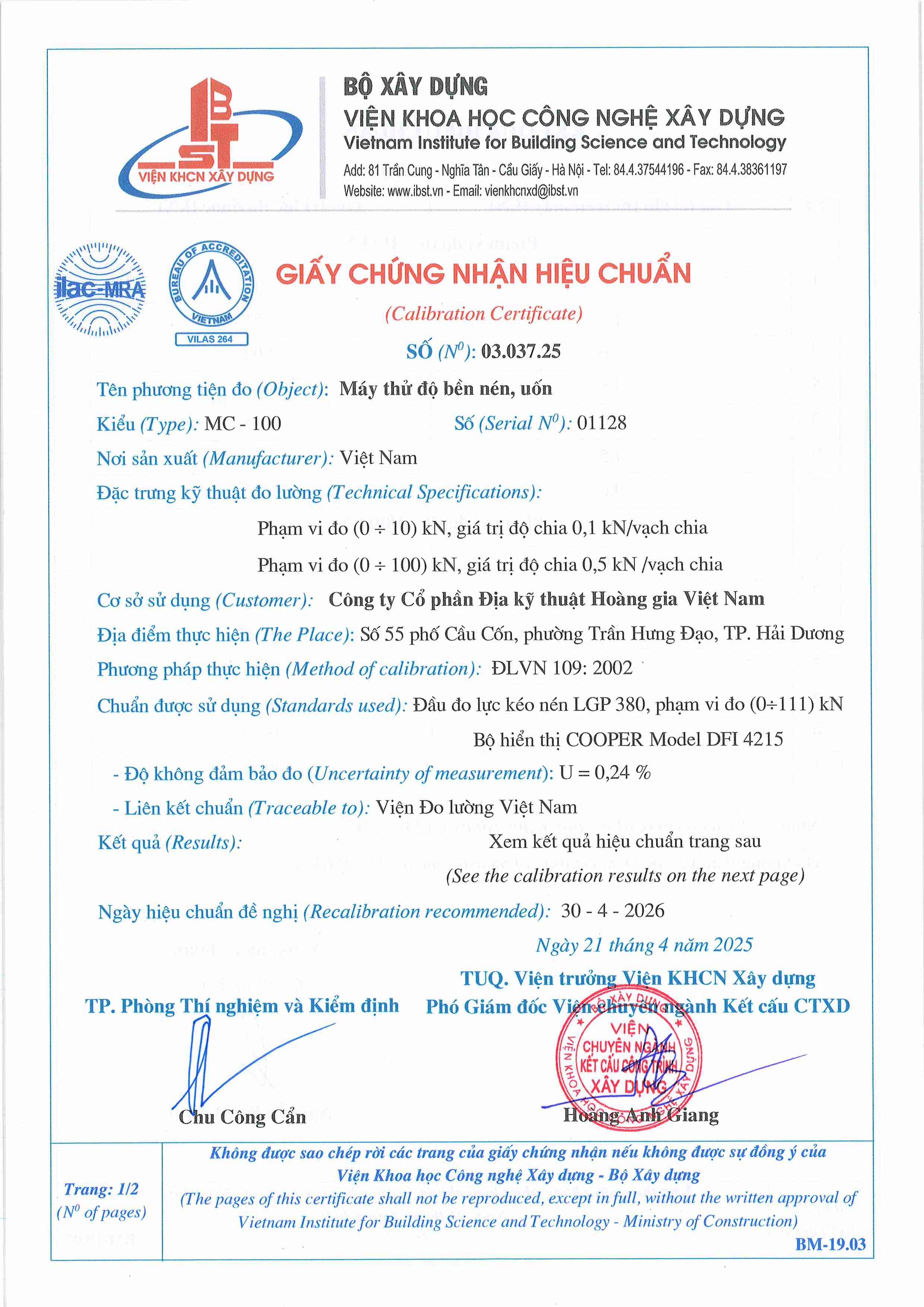 Trang 1 - Chứng nhận hiệu chuẩn Máy MC-100