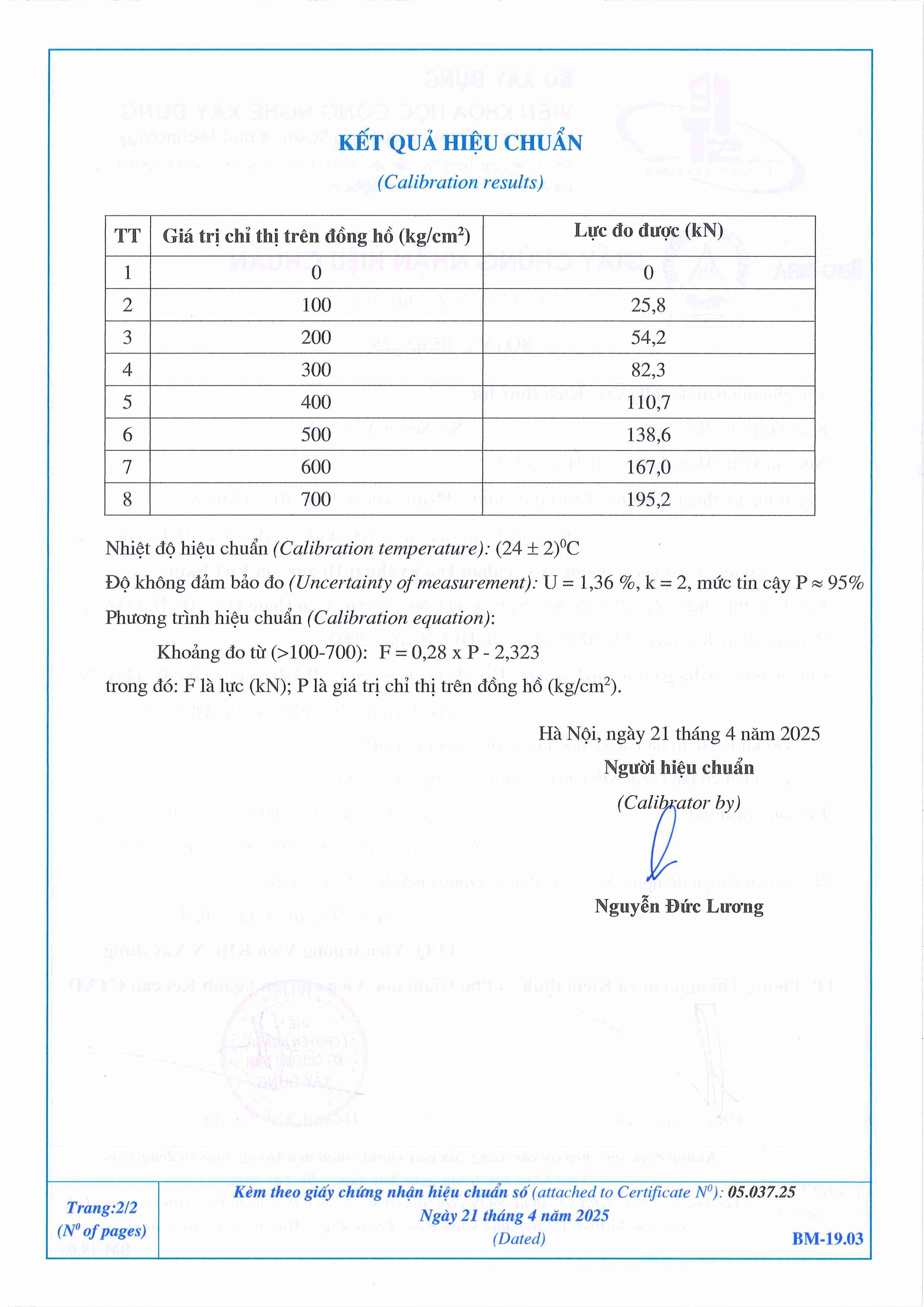 Trang 2 - Kết quả hiệu chuẩn Kích thuỷ lực 05.037.25