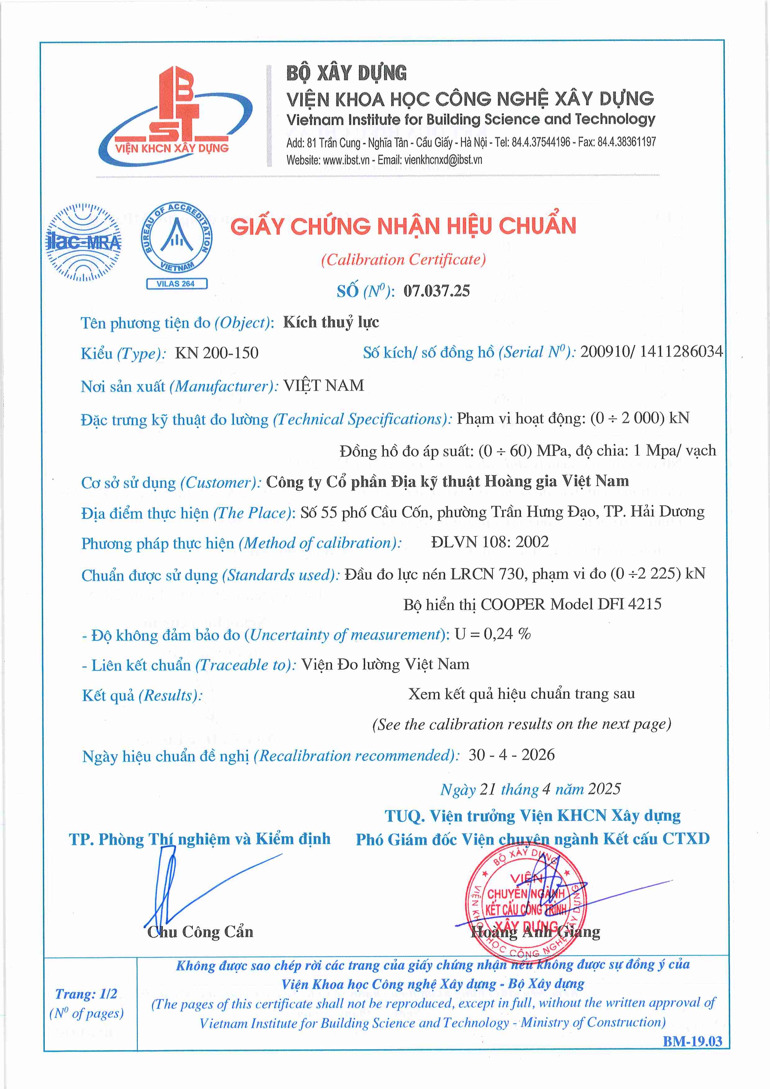 Trang 1 - Chứng nhận hiệu chuẩn Kích thuỷ lực KN 200-150