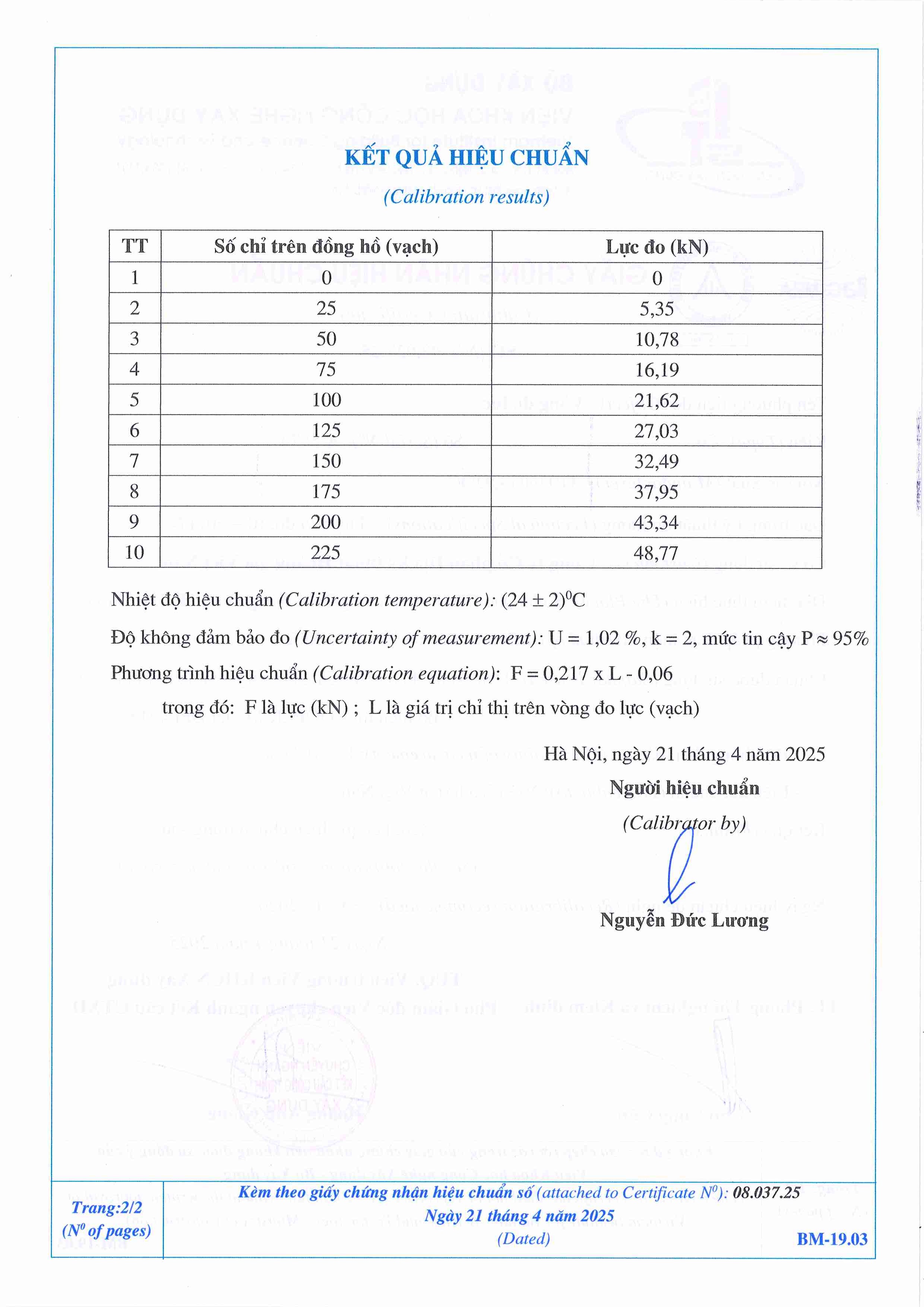 Trang 2 - Kết quả hiệu chuẩn Vòng đo lực