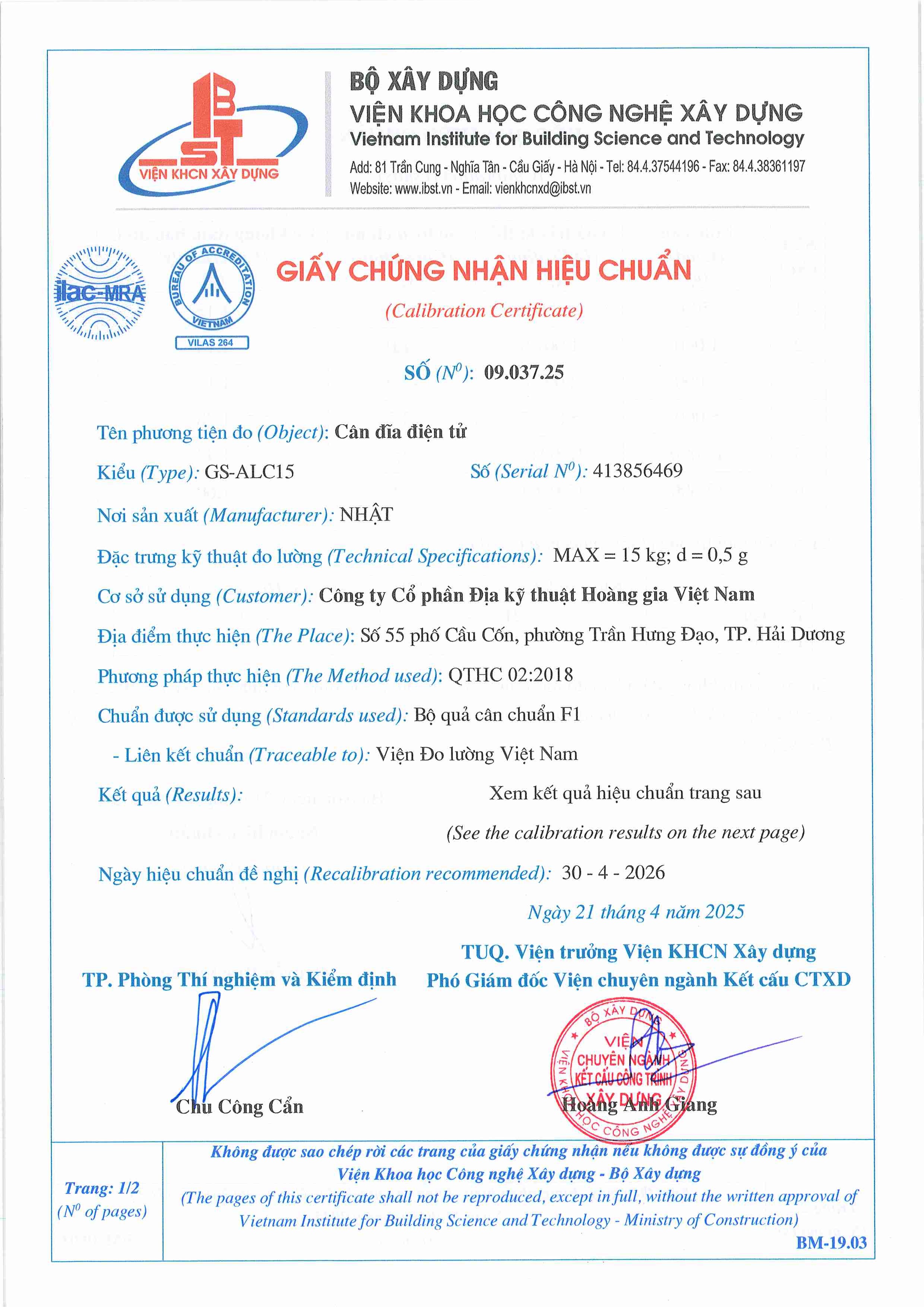 Trang 1 - Chứng nhận hiệu chuẩn Cân đĩa điện tử GS-ALC15