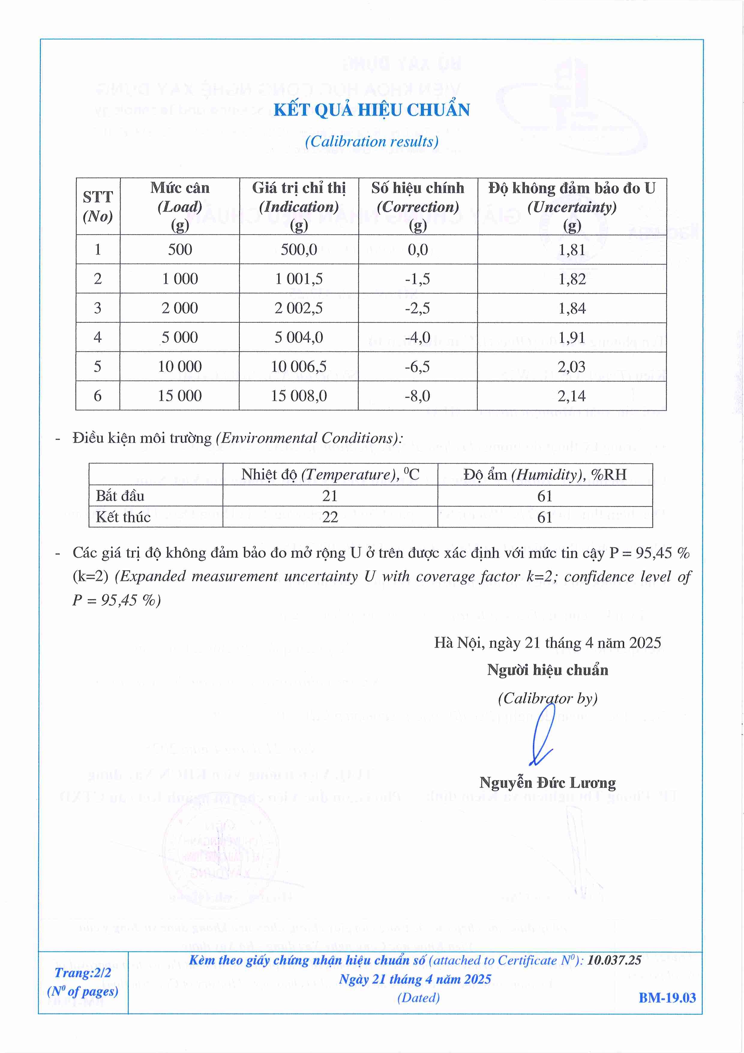 Trang 2 - Kết quả hiệu chuẩn Cân đĩa điện tử GS-HAW15