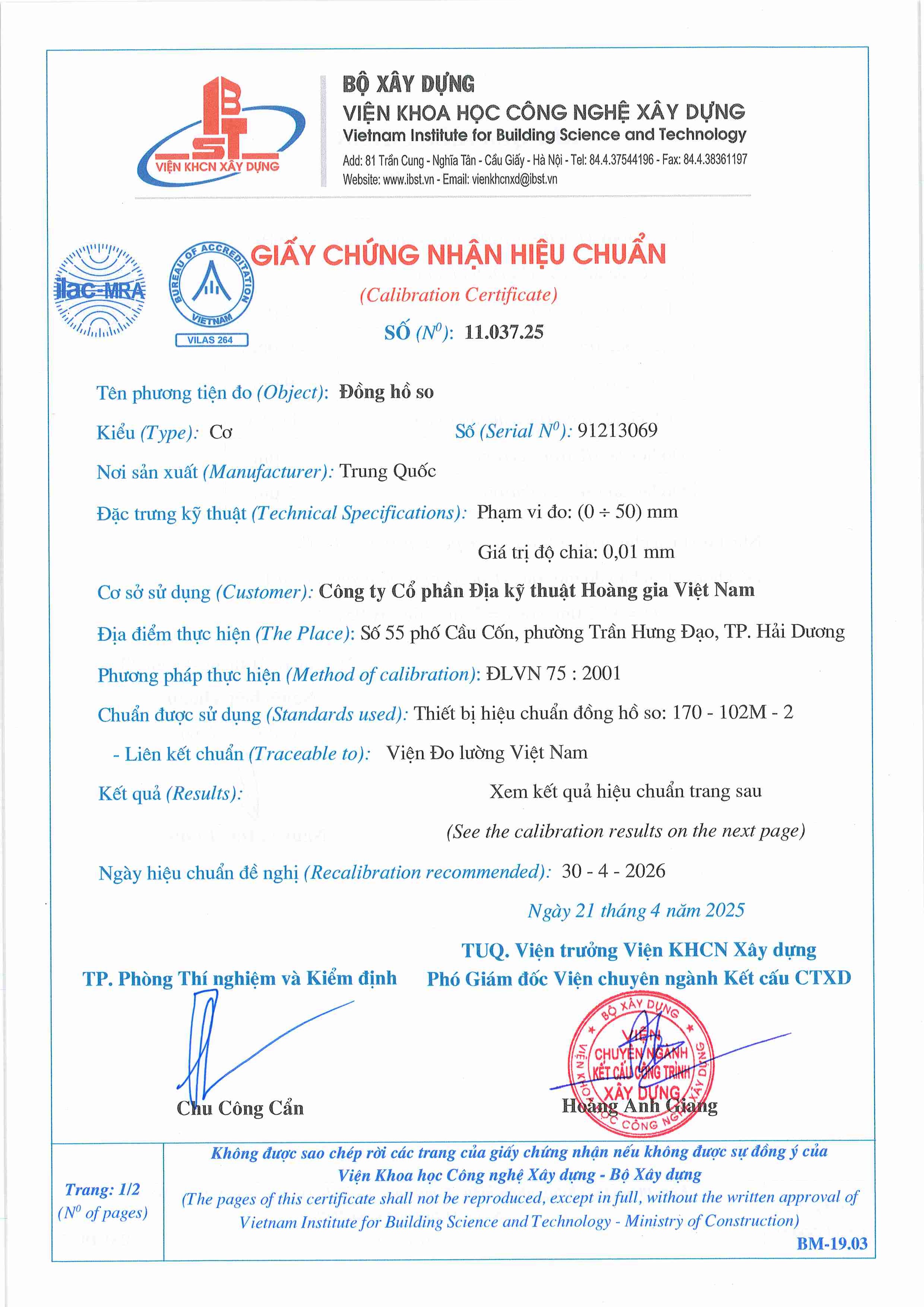 Trang 1 - Chứng nhận hiệu chuẩn Đồng hồ so 91213069