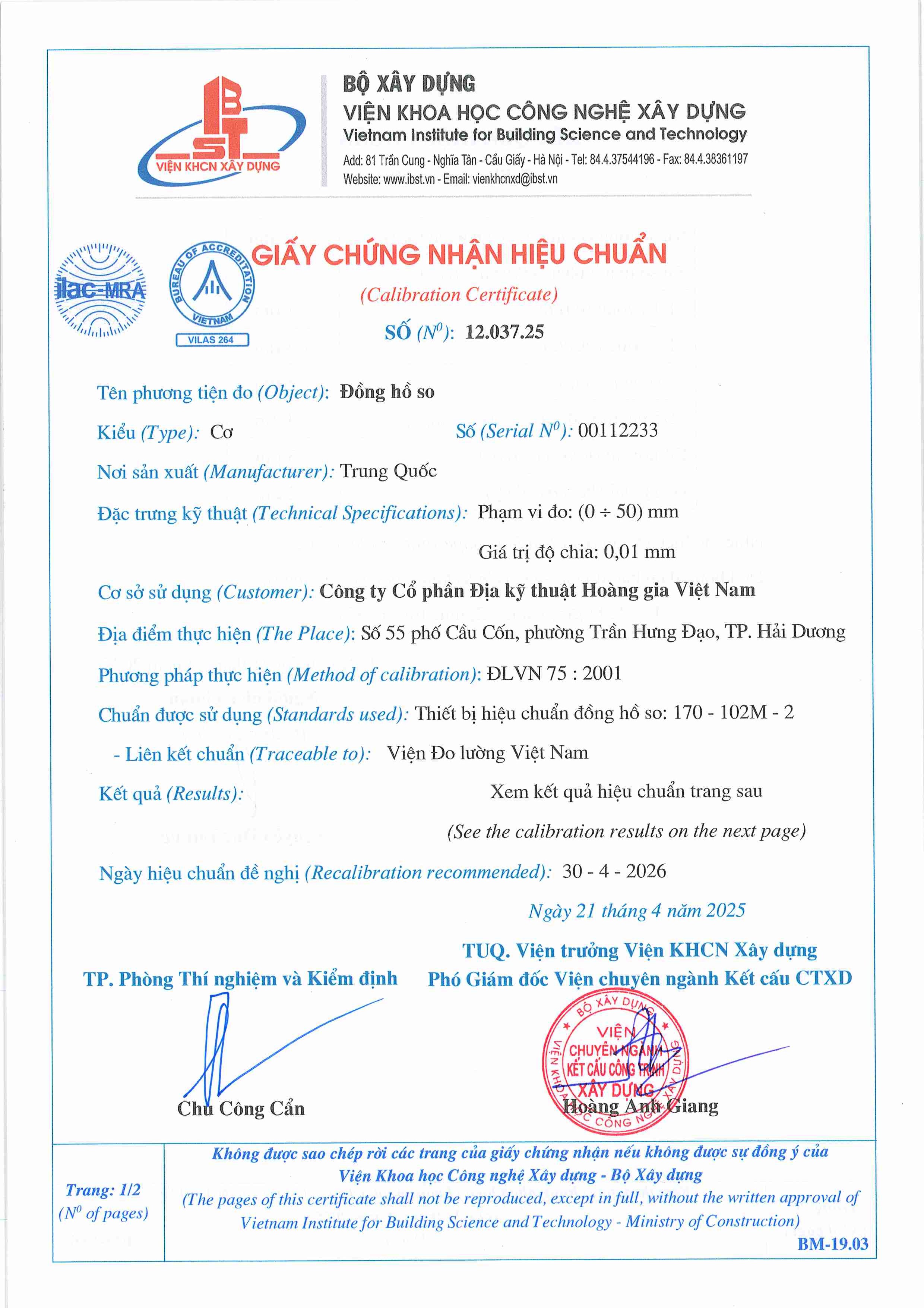 Trang 1 - Chứng nhận hiệu chuẩn Đồng hồ so 00112233