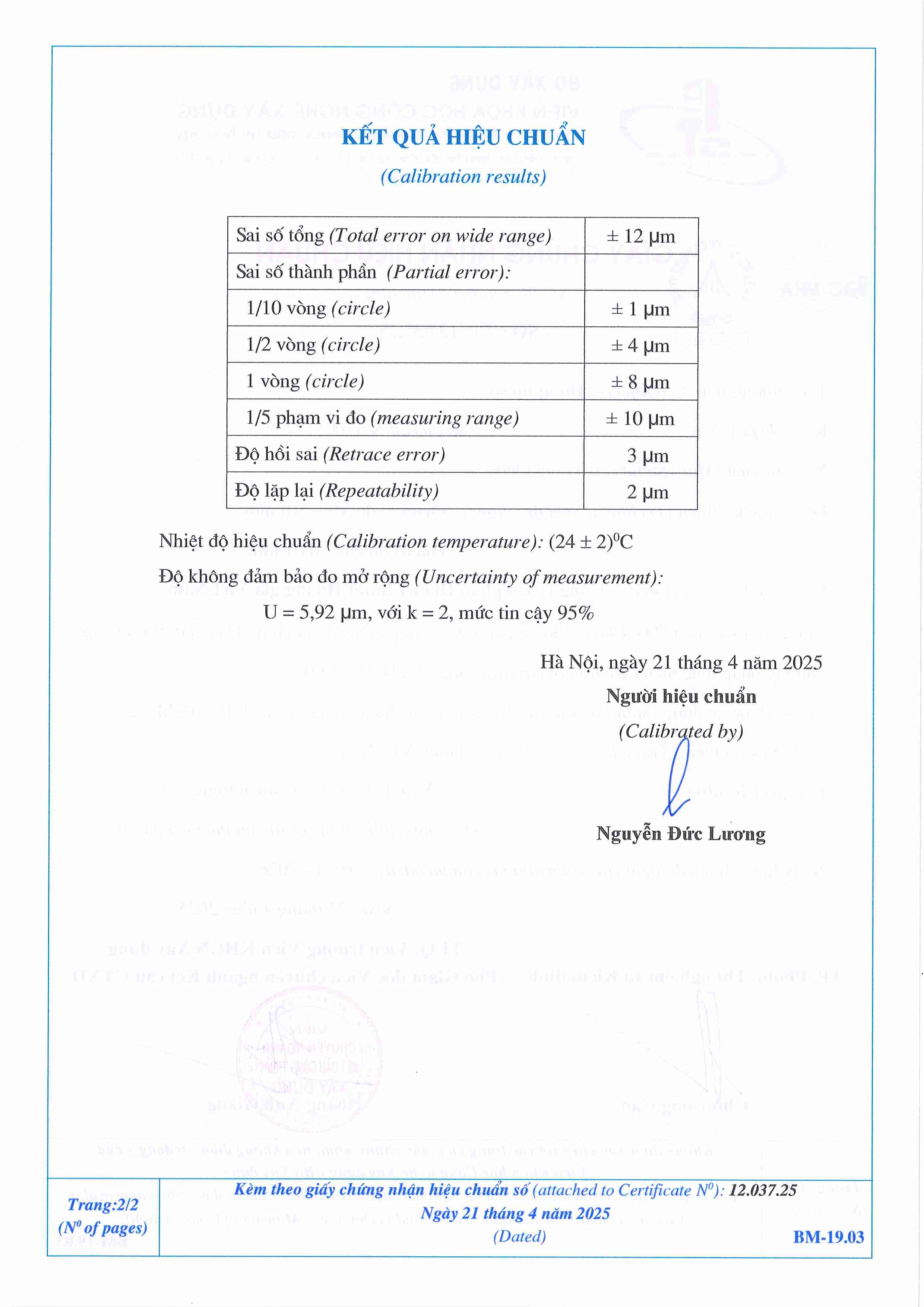 Trang 2 - Kết quả hiệu chuẩn Đồng hồ so 00112233