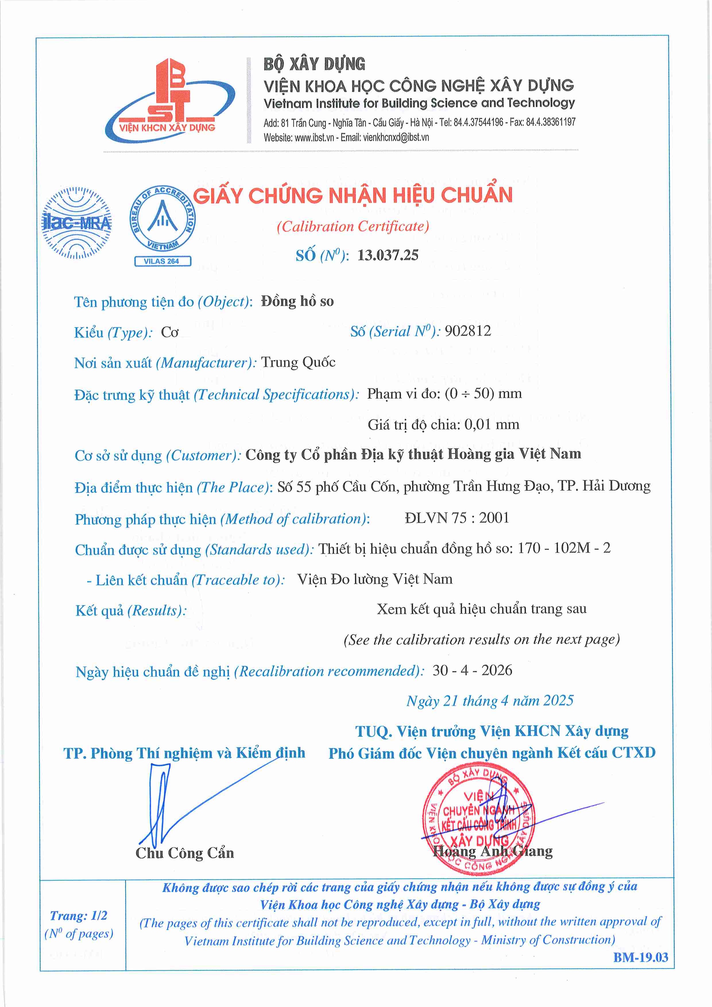 Trang 1 - Chứng nhận hiệu chuẩn Đồng hồ so 902812