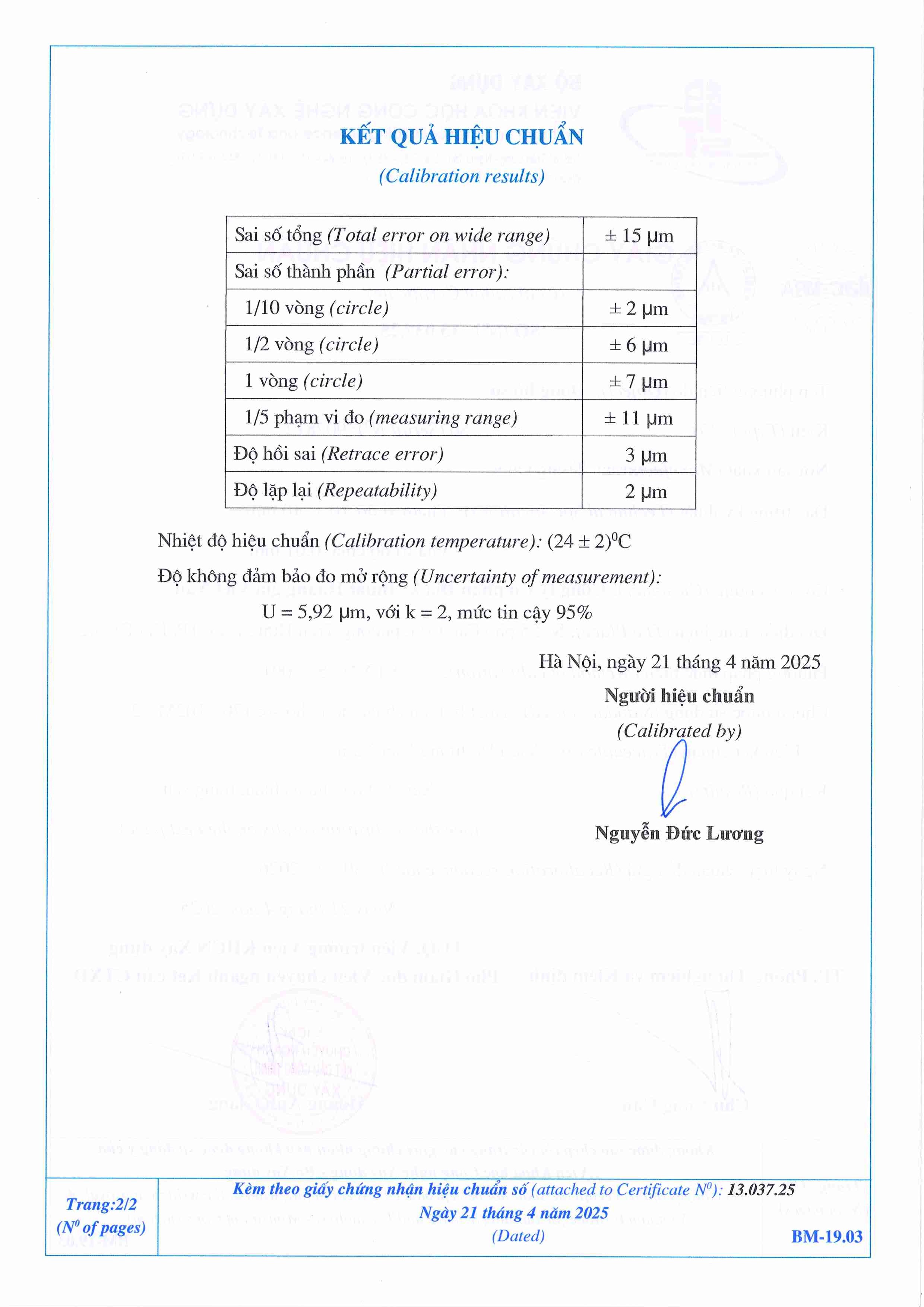 Trang 2 - Kết quả hiệu chuẩn Đồng hồ so 902812