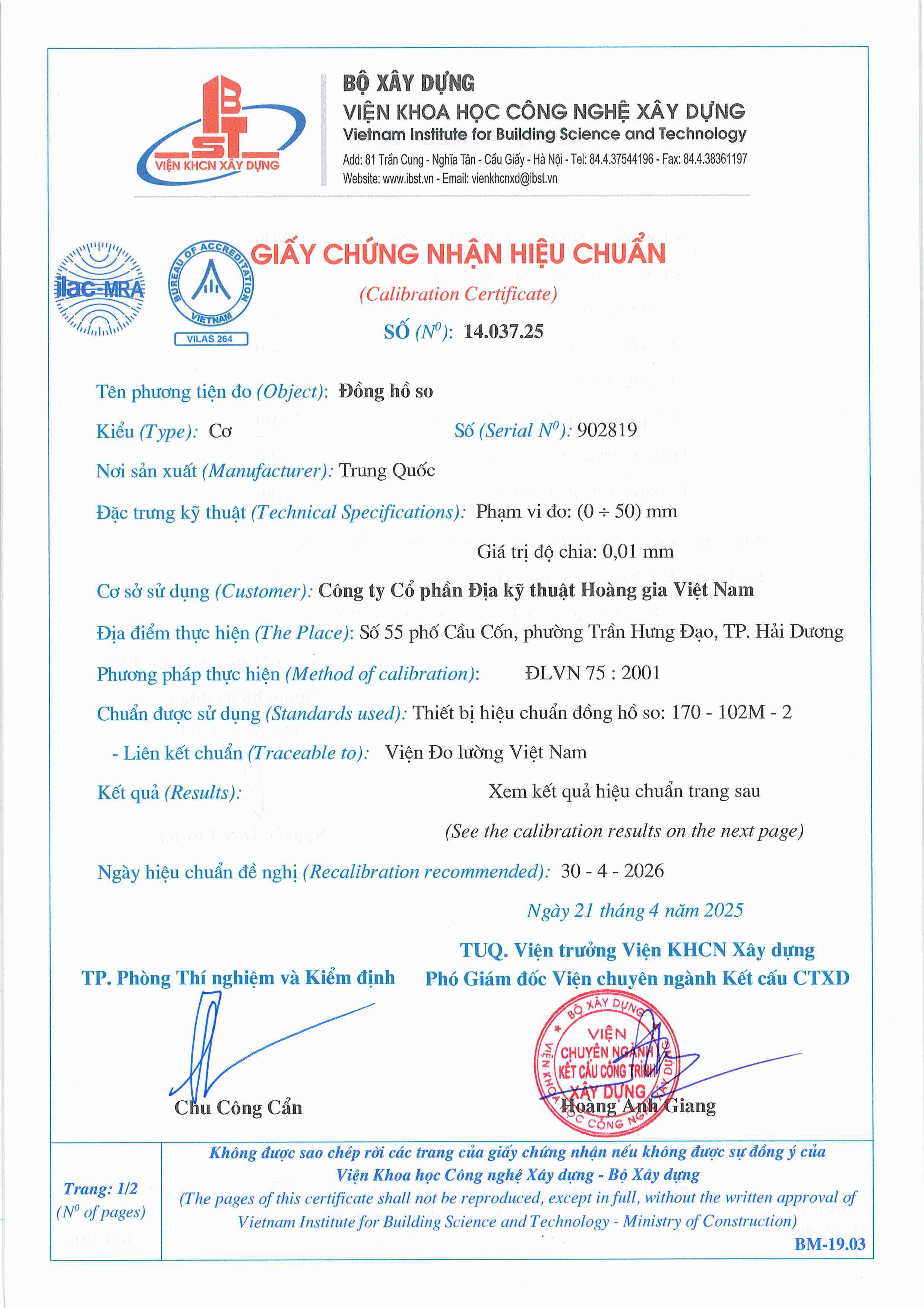 Trang 1 - Chứng nhận hiệu chuẩn Đồng hồ so 902819
