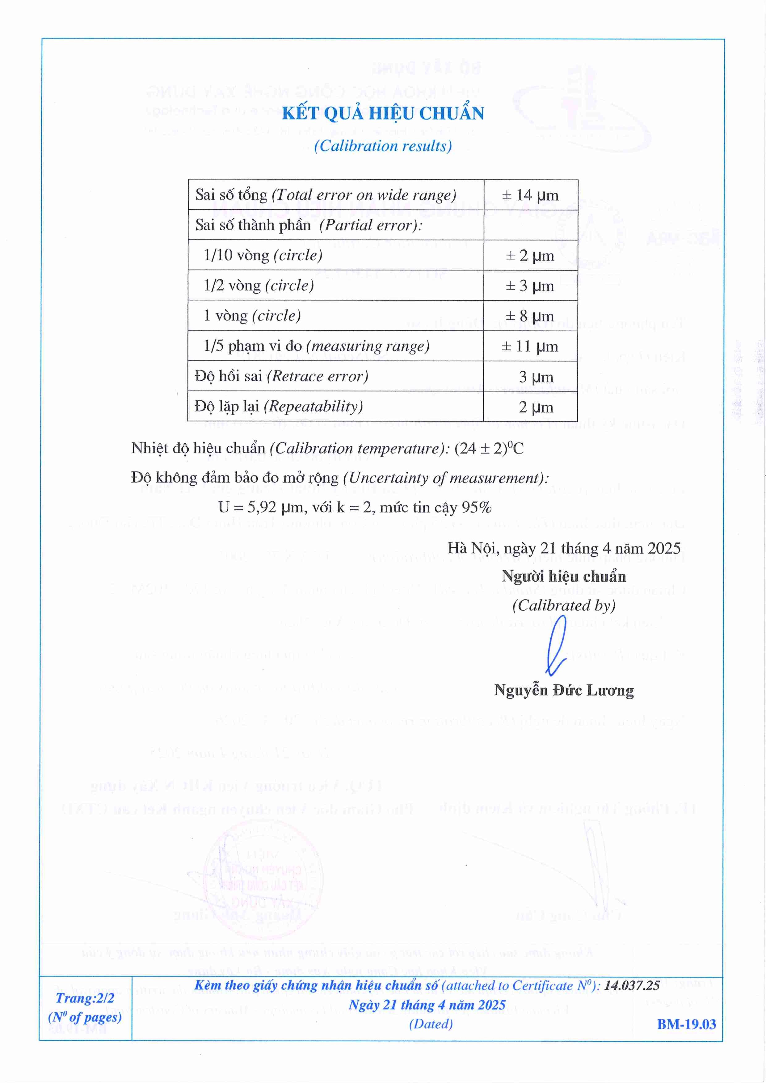 Trang 2 - Kết quả hiệu chuẩn Đồng hồ so 902819