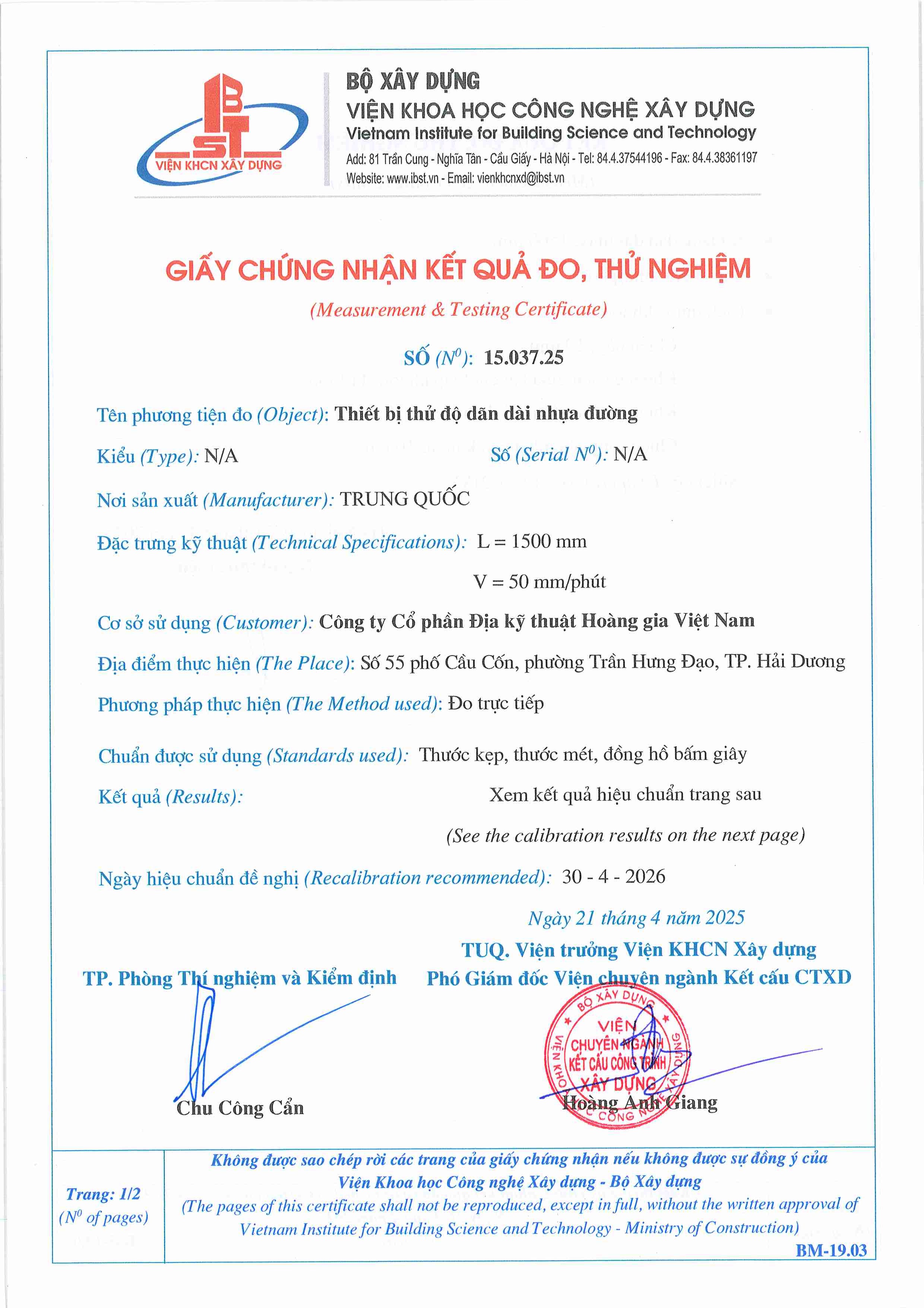 Trang 1 - Chứng nhận Thiết bị thử độ dãn dài nhựa đường