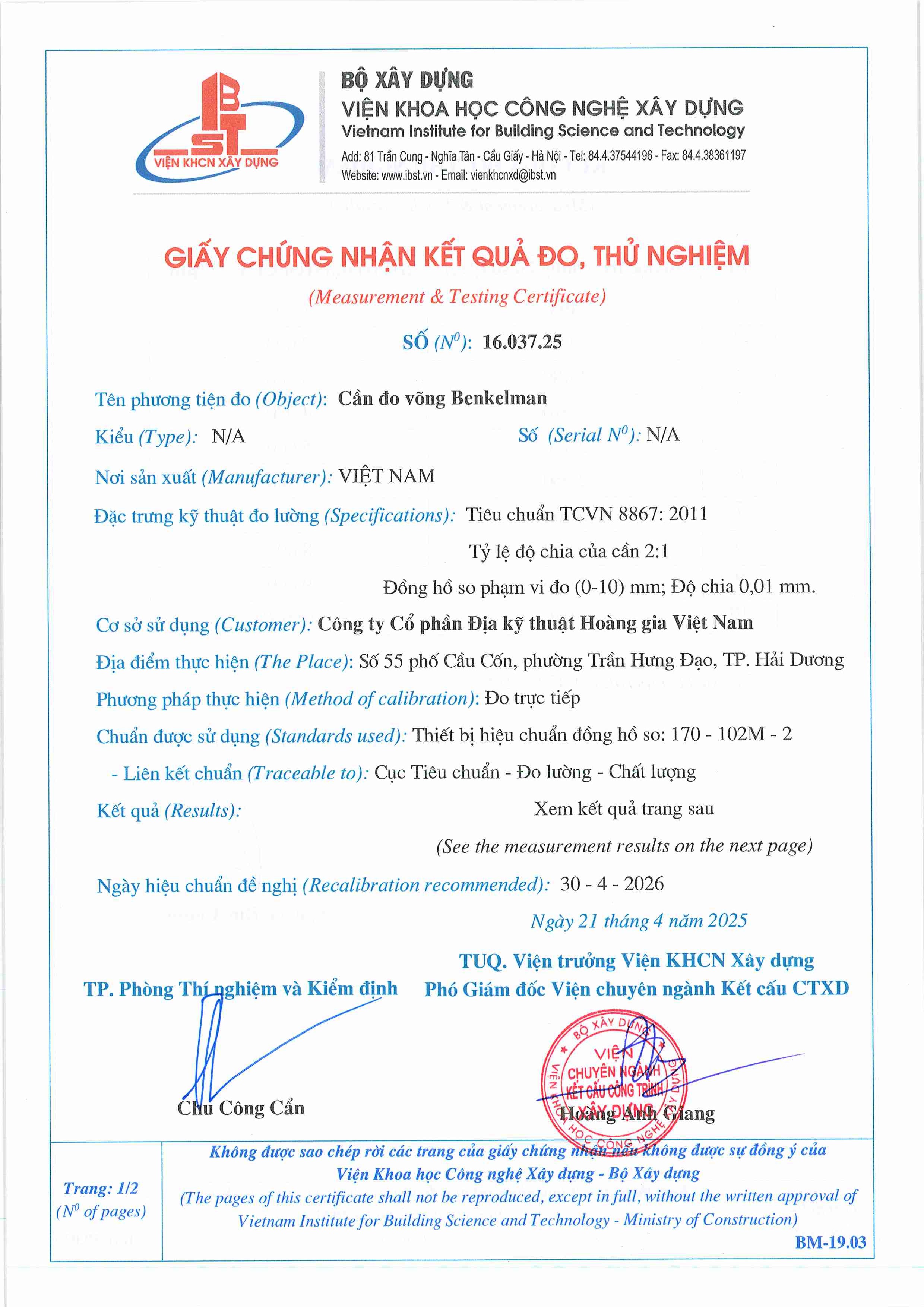 Trang 1 - Chứng nhận Cần đo võng Benkelman