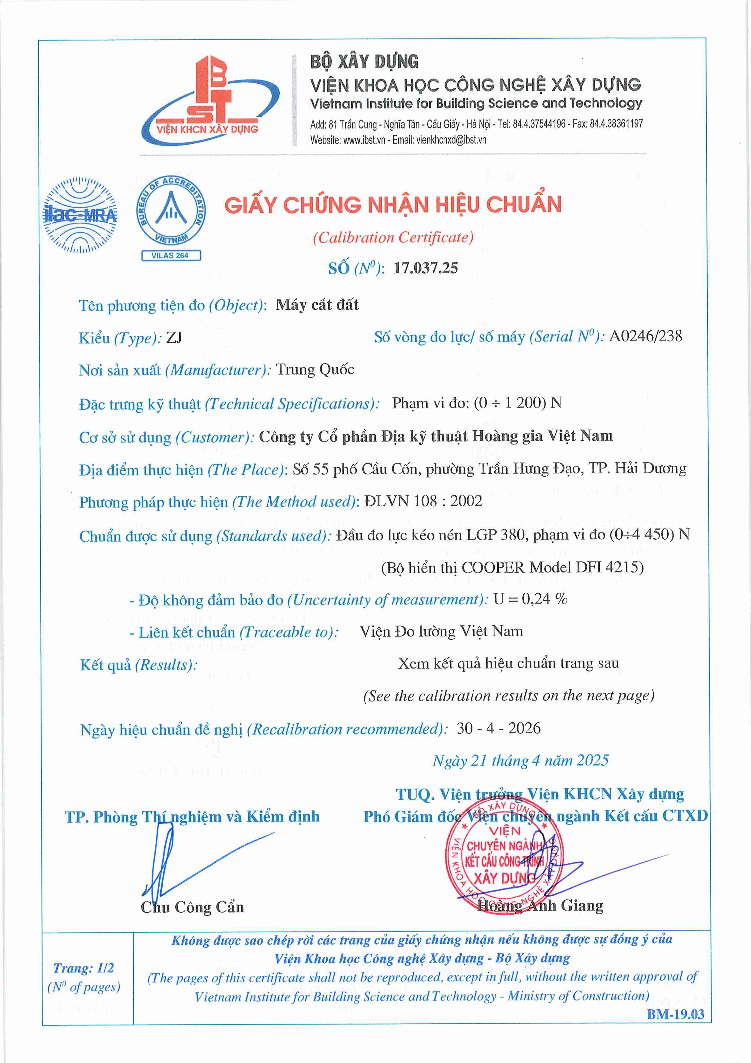 Trang 1 - Chứng nhận hiệu chuẩn Máy cắt đất